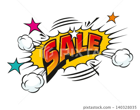 Comic sale pop art promo splash sticker, sound effect speech bubble featuring bold red letters with halftone effects, surrounded by smoke bursts, motion lines and stars on yellow explosion background Comic sale pop art promo splash sticker, sound effect speech bubble featuring bold red letters with halftone effects, surrounded by smoke bursts, motion lines and stars on yellow explosion background 140328035