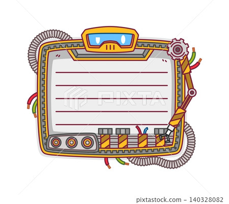 Cartoon robot character kids memo note frame. Mechanical vector bot or droid board with wires, arm, control panel and blank lined space for notes, learning and reminders. Educational technology frame Cartoon robot character kids memo note frame. Mechanical vector bot or droid board with wires, arm, control panel and blank lined space for notes, learning and reminders. Educational technology frame 140328082