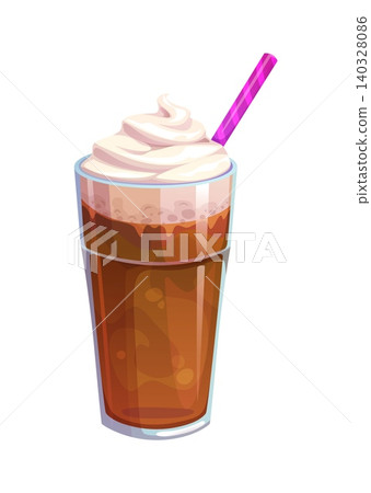 Frothy cold coffee dessert drink, topped with a swirl whipped cream. Cartoon vector iced coffee beverage served in a tall transparent glass with a pink striped straw. Sweet delicious summer treat 140328086