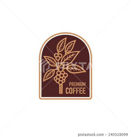 Coffee bean icon. Elegant vector emblem featuring a coffee tree within an arched frame, and text premium coffee. Minimalist design for upscale cafes, coffee brands, or gourmet food packaging Coffee bean icon. Elegant vector emblem featuring a coffee tree within an arched frame, and text premium coffee. Minimalist design for upscale cafes, coffee brands, or gourmet food packaging 140328099