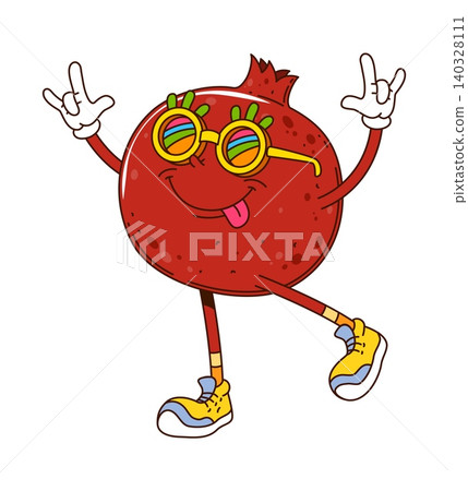 Cartoon groovy pomegranate character. Funky fruit mascot with retro sunglasses, yellow sneakers, and a playful tongue. Vector mascot with retro hippie vibe for food branding, and tropical graphics Cartoon groovy pomegranate character. Funky fruit mascot with retro sunglasses, yellow sneakers, and a playful tongue. Vector mascot with retro hippie vibe for food branding, and tropical graphics 140328111