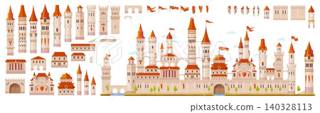 Castle game constructor of medieval fortress, ancient town gate, tower wall and turret stone building. Cartoon vector castle constructor of king palace, fort rooftops and arched bridge of royal fort 140328113