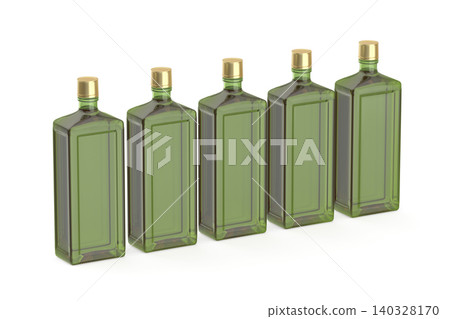 Row of five green liquor bottles 140328170