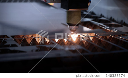 Laser cutting machine. High precision laser cutting robot processing sheet metal in factory. Ai automated CNC manufacturing technology creates intricate components with sparks accuracy and efficiency Laser cutting machine. High precision laser cutting robot processing sheet metal in factory. Ai automated CNC manufacturing technology creates intricate components with sparks accuracy and efficiency 140328374