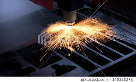 Laser cutting machine. High precision laser cutting robot processing sheet metal in factory. Ai automated CNC manufacturing technology creates intricate components with sparks accuracy and efficiency Laser cutting machine. High precision laser cutting robot processing sheet metal in factory. Ai automated CNC manufacturing technology creates intricate components with sparks accuracy and efficiency 140328378