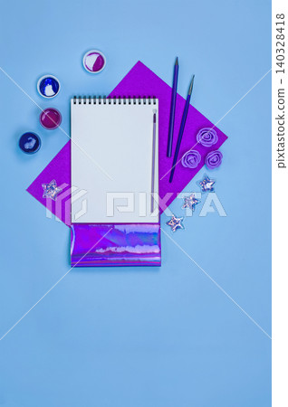 Blank album sketchpad and objects for painting mock up for artwork. Empty free copy space for your picture. Blank album sketchpad and objects for painting mock up for artwork. Empty free copy space for your picture. 140328418