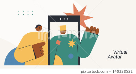 Flat vector illustration of a man with his digital virtual avatar on a mobile screen. Concept of online identity, metaverse, and social media. Flat vector illustration of a man with his digital virtual avatar on a mobile screen. Concept of online identity, metaverse, and social media. 140328521