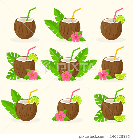 tropical coconut cocktail set with hibiscus and lime vector illustration. tropical coconut cocktail set with hibiscus and lime vector illustration. 140328525