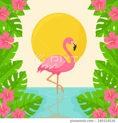 pink flamingo in tropical garden with hibiscus flowers vector illustration. pink flamingo in tropical garden with hibiscus flowers vector illustration. 140328526