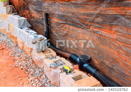 Workers install drainage system with blocks, pipes in yard during works retaining wall Workers install drainage system with blocks, pipes in yard during works retaining wall 140328762