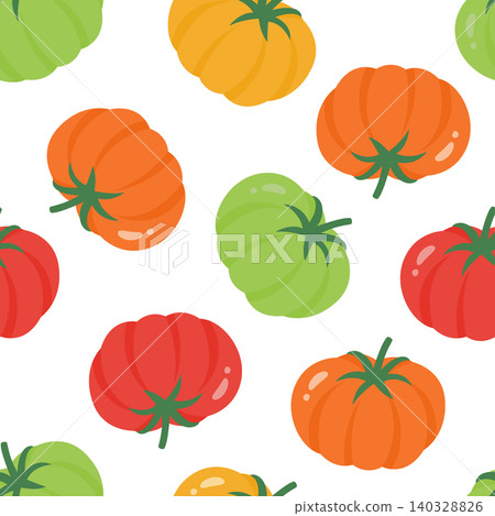 Vector Colorful Tomato Seamless Pattern. Tomato Pattern with Red, Orange, Yellow, and Green Tomatoes for Kitchen Textiles, Wrapping Paper, Food Packaging, Surface Design. Vector Illustration Vector Colorful Tomato Seamless Pattern. Tomato Pattern with Red, Orange, Yellow, and Green Tomatoes for Kitchen Textiles, Wrapping Paper, Food Packaging, Surface Design. Vector Illustration 140328826