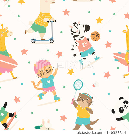 Cute Animal Sports Seamless Pattern, Vector Illustration. Cartoon Animal Pattern with Playful Animal Characters Playing Sports for Kids Fabric, Nursery Textiles, Wrapping Paper, Surface Design 140328844