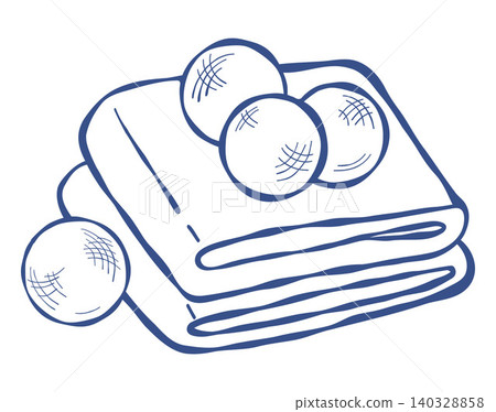 Wool Dryer Balls on Stacked Towels. Eco-Friendly Sustainable Laundry Care and Zero Waste Lifestyle Concept. Hand-Drawn Doodle. Vector Illustration. Wool Dryer Balls on Stacked Towels. Eco-Friendly Sustainable Laundry Care and Zero Waste Lifestyle Concept. Hand-Drawn Doodle. Vector Illustration. 140328858