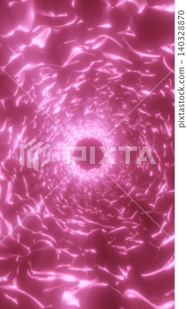 Abstract pink glowing crystal tunnel with reflective shards, radial depth, and futuristic portal effect. 140328870