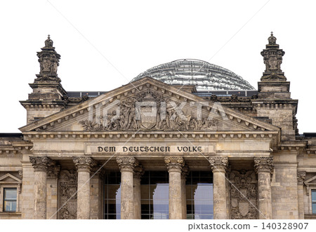 Front view of iconic Reichstag parliament building with glass dome in Berlin, Germany. Bundestag, with inscription Dem Deutschen Volke, symbolizing german unity and democracy. Copy space Front view of iconic Reichstag parliament building with glass dome in Berlin, Germany. Bundestag, with inscription Dem Deutschen Volke, symbolizing german unity and democracy. Copy space 140328907