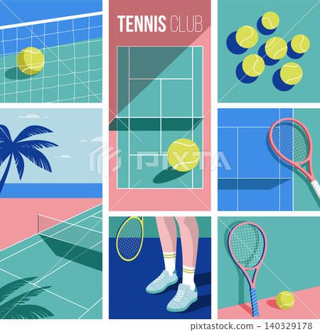 Tennis club collage of competition posters, social media posts, flyers, prints and banners. Vintage Tennis club collage of competition posters, social media posts, flyers, prints and banners. Vintage 140329178