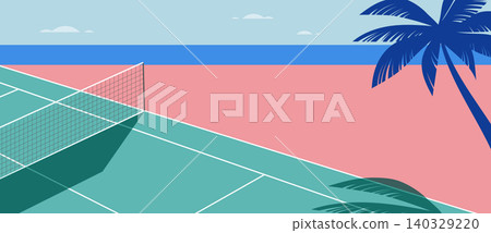 Tropical tennis court by the ocean with palm tree. Abstract retro lifestyle and sport background Tropical tennis court by the ocean with palm tree. Abstract retro lifestyle and sport background 140329220
