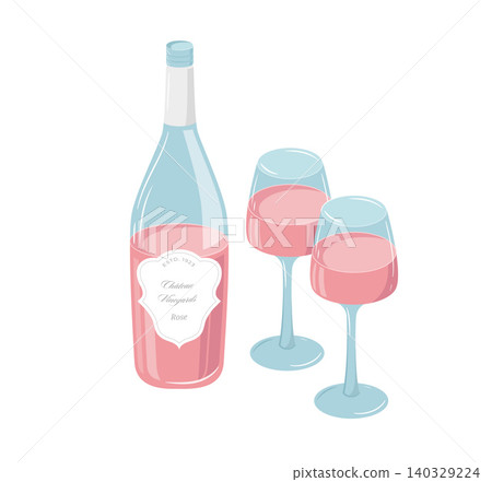 Rose wine bottle and glasses pink vintage illustration. Retro pastel vector design for winery or Rose wine bottle and glasses pink vintage illustration. Retro pastel vector design for winery or 140329224