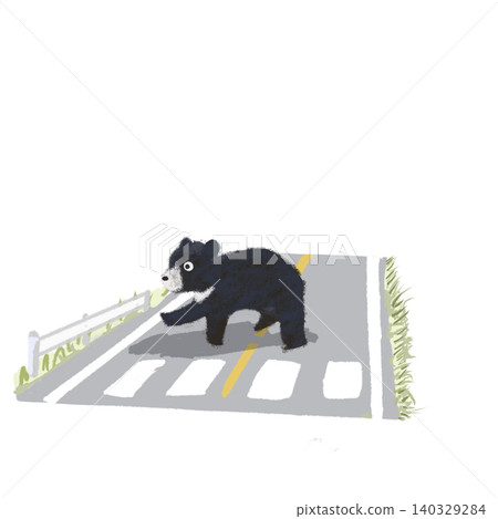 圖解:一隻熊正在穿越居民區道路。熊出沒警告。 圖解:一隻熊正在穿越居民區道路。熊出沒警告。 140329284
