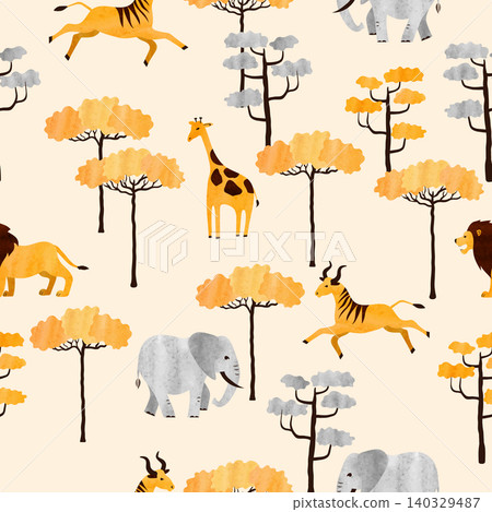 Seamless African animals pattern. Vector watercolor illustration of savanna Seamless African animals pattern. Vector watercolor illustration of savanna 140329487