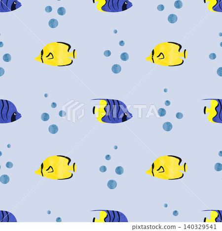Fish pattern. Seamless watercolor blue and yellow fish. Marine vector illustration Fish pattern. Seamless watercolor blue and yellow fish. Marine vector illustration 140329541