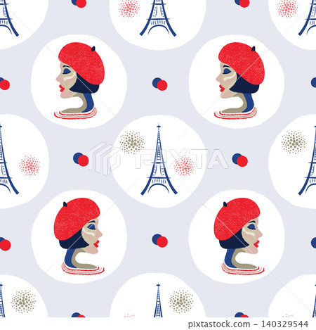 Seamless French pattern with portrait of woman and Eiffel tower Seamless French pattern with portrait of woman and Eiffel tower 140329544
