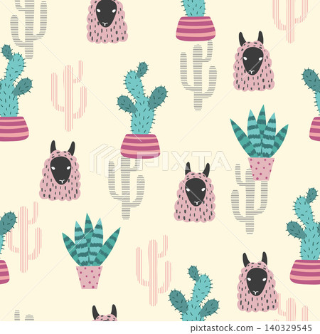 Seamless trendy pattern with cute llama and cactus Seamless trendy pattern with cute llama and cactus 140329545