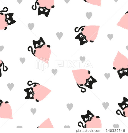 Cute cat with hearts. Seamless Valentines day pattern. Baby print Cute cat with hearts. Seamless Valentines day pattern. Baby print 140329546