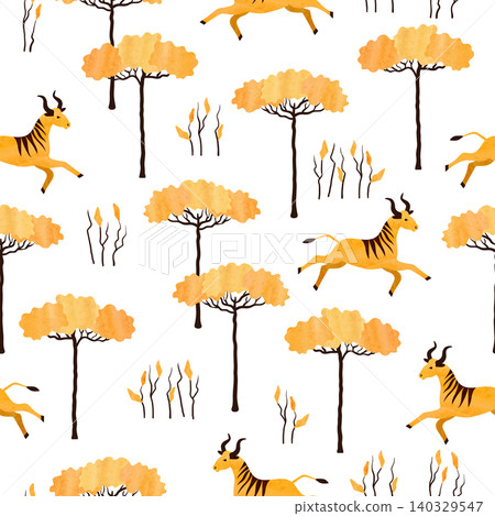 Seamless African pattern with wildebeests and trees Seamless African pattern with wildebeests and trees 140329547