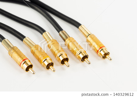 RCA connectors on a cable for audio components. 140329612