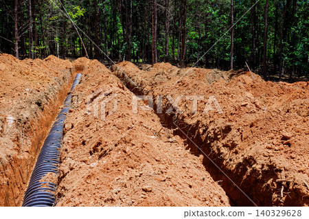 Workers are digging trenches in ground to install drainage pipes at construction area location 140329628