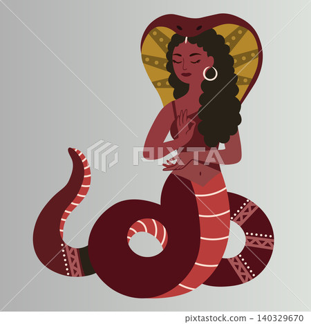 Ethereal illustration of a naga woman, a divine hindu creature with serpent features and intricate traditional jewelry, vibrant fantasy vector art for spiritual and mythological design projects Ethereal illustration of a naga woman, a divine hindu creature with serpent features and intricate traditional jewelry, vibrant fantasy vector art for spiritual and mythological design projects 140329670
