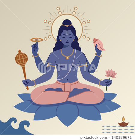 Majestic vector illustration of lord vishnu, the hindu god of preservation, depicted with traditional symbols and celestial aura, detailed religious artwork for cultural and spiritual themes Majestic vector illustration of lord vishnu, the hindu god of preservation, depicted with traditional symbols and celestial aura, detailed religious artwork for cultural and spiritual themes 140329671