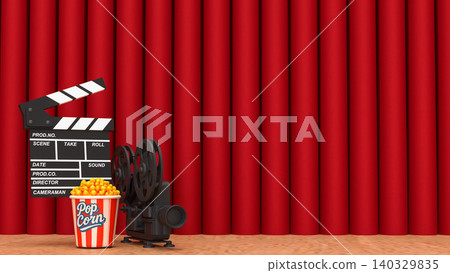 Cinema Stage Scene With Popcorn And Film Clapperboard 3d render. Cinema Stage Scene With Popcorn And Film Clapperboard 3d render. 140329835