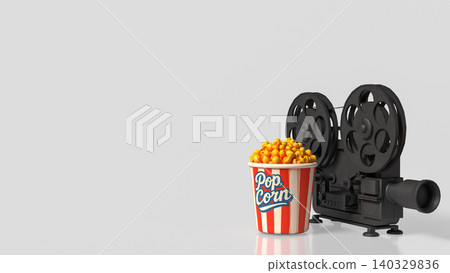 Classic Movie Night With Popcorn And Vintage Film Camera 3d render. Classic Movie Night With Popcorn And Vintage Film Camera 3d render. 140329836