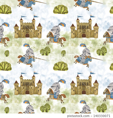 Seamless pattern medieval castle and knights on horses, cartoon. Watercolor hand-drawn illustration. Drawing for paper, cards, scrapbooking. History, tournament, battle, warrior, horse, armor Seamless pattern medieval castle and knights on horses, cartoon. Watercolor hand-drawn illustration. Drawing for paper, cards, scrapbooking. History, tournament, battle, warrior, horse, armor 140330071