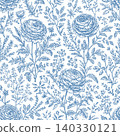 Toile de jouy vector seamless vintage pattern. Blue ranunculus flowers on white background 140330121