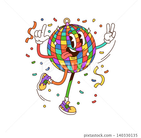 Cartoon groovy rainbow disco ball character with mirror facets. Funky disco ball in sneakers dancing surrounded by flying confetti. Retro party mascot with sticking out tongue for event promotion Cartoon groovy rainbow disco ball character with mirror facets. Funky disco ball in sneakers dancing surrounded by flying confetti. Retro party mascot with sticking out tongue for event promotion 140330135