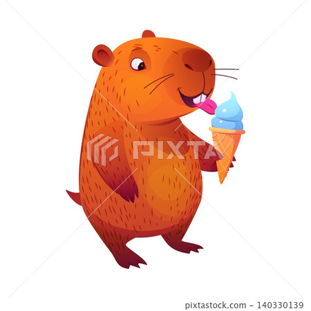 Cartoon funny capybara animal character licking blue ice cream cone with tongue. Playful animal capybara with funny face expression for social media stickers, kids apparel designs and greeting cards Cartoon funny capybara animal character licking blue ice cream cone with tongue. Playful animal capybara with funny face expression for social media stickers, kids apparel designs and greeting cards 140330139