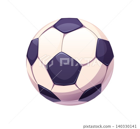 Cartoon European football soccer ball game outfit equipment. Glossy white and black soccer ball with pentagon panels and soft shading. Vector icon for sports event posters or athletic app interfaces Cartoon European football soccer ball game outfit equipment. Glossy white and black soccer ball with pentagon panels and soft shading. Vector icon for sports event posters or athletic app interfaces 140330141