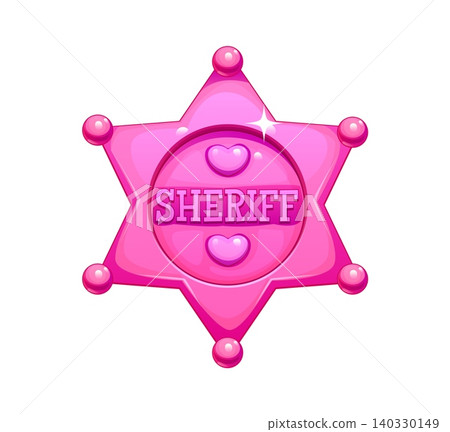 Pink cowgirl sheriff star badge or vintage girly disco icon of Wild West officer shield, cartoon vector. Western sheriff badge for cowboy girl with pink hearts for Western American girlish policeman Pink cowgirl sheriff star badge or vintage girly disco icon of Wild West officer shield, cartoon vector. Western sheriff badge for cowboy girl with pink hearts for Western American girlish policeman 140330149