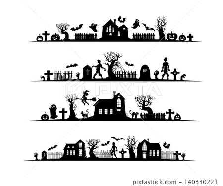 Halloween dividers, separators and border frames with haunted houses, trees and gravestones, vector silhouettes. Halloween dividers with witch on broom, bat, black cat and ghost, pumpkins and zombies Halloween dividers, separators and border frames with haunted houses, trees and gravestones, vector silhouettes. Halloween dividers with witch on broom, bat, black cat and ghost, pumpkins and zombies 140330221