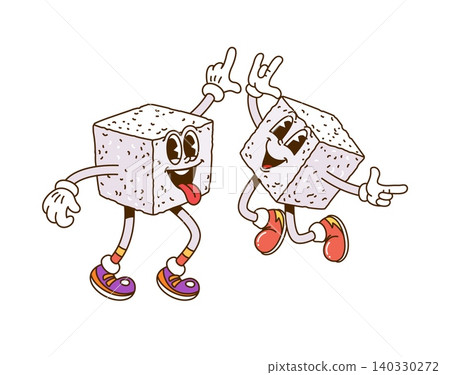 Cartoon retro groovy sugar cubes characters of funny dessert and confectionery, vector icon. Y2K groovy sugar cubes with silly happy faces and trippy smiles with yummy tongues out for candy characters Cartoon retro groovy sugar cubes characters of funny dessert and confectionery, vector icon. Y2K groovy sugar cubes with silly happy faces and trippy smiles with yummy tongues out for candy characters 140330272