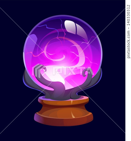Cartoon Halloween mystical crystal ball glowing with purple light on wooden stand, vector icon. Cartoon magical fortune telling sphere with enchanted energy for Halloween holiday witch magic occult 140330312