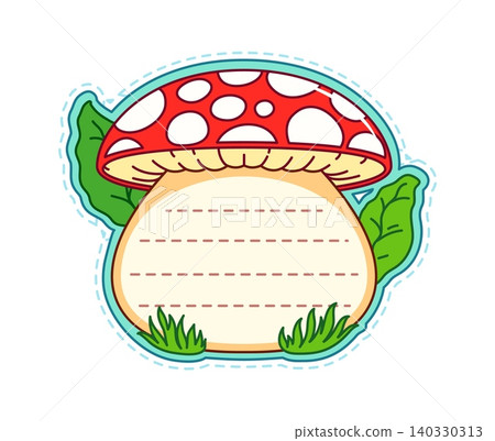 Cartoon amanita mushroom kids memo note frame. Vector fly agaric fungus plant with a red cap and white spots, leaves, dotted writing lines and green grass. Cute woodland border for children messages Cartoon amanita mushroom kids memo note frame. Vector fly agaric fungus plant with a red cap and white spots, leaves, dotted writing lines and green grass. Cute woodland border for children messages 140330313