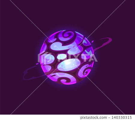 Cartoon alien planet with abstract glowing surface and swirling patterns floating in deep space. Purple sci fi cosmic sphere with neon light and orbital ring. Fantasy vector asset in dark Universe 140330315