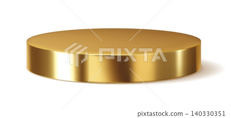 3D golden podium stage or brass metal stand pedestal of realistic round plate. Golden 3D podium or pedestal stage with metallic gold glossy texture on white background for premium product display 3D golden podium stage or brass metal stand pedestal of realistic round plate. Golden 3D podium or pedestal stage with metallic gold glossy texture on white background for premium product display 140330351
