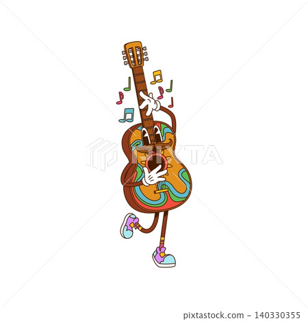 Cartoon groovy guitar character. Bright mascot with mustaches and purple sneakers, playing and dancing with vibrant 1970s vibe. Psychedelic vector personage for funky party, or retro band Cartoon groovy guitar character. Bright mascot with mustaches and purple sneakers, playing and dancing with vibrant 1970s vibe. Psychedelic vector personage for funky party, or retro band 140330355