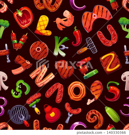 Barbecue font, BBQ letters seamless pattern. Barbecue English typeset seamless backdrop. Food grilling ABC font pattern with fish, shrimp and beef steak, sausage, vegetables and mushrooms on fork Barbecue font, BBQ letters seamless pattern. Barbecue English typeset seamless backdrop. Food grilling ABC font pattern with fish, shrimp and beef steak, sausage, vegetables and mushrooms on fork 140330366