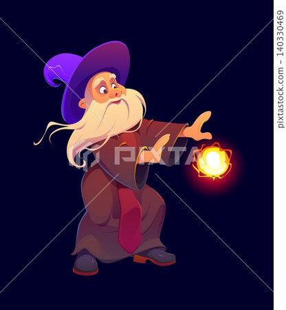 Cartoon wizard with white beard and purple hat. Vector sorcerer casting a glowing magic spell ball with both hands. Cartoon old wizard character or sorcerer with power fire blast of magic spell Cartoon wizard with white beard and purple hat. Vector sorcerer casting a glowing magic spell ball with both hands. Cartoon old wizard character or sorcerer with power fire blast of magic spell 140330469